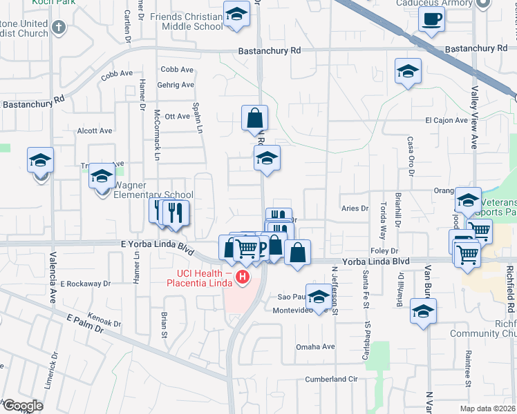 map of restaurants, bars, coffee shops, grocery stores, and more near 4801 Rose Drive in Yorba Linda