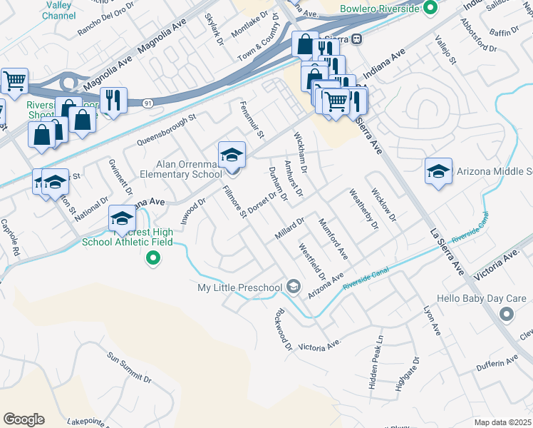 map of restaurants, bars, coffee shops, grocery stores, and more near 3245 Layton Court in Riverside