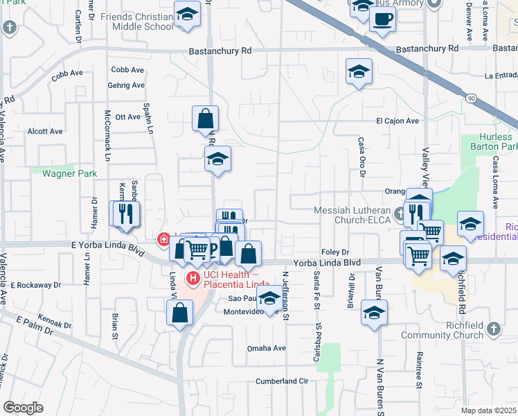 map of restaurants, bars, coffee shops, grocery stores, and more near 4802 Brookway Avenue in Yorba Linda