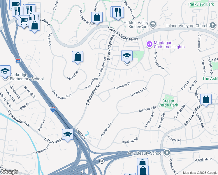 map of restaurants, bars, coffee shops, grocery stores, and more near 1359 Hermosa Drive in Corona