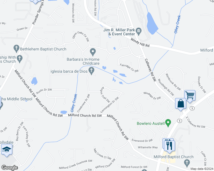 map of restaurants, bars, coffee shops, grocery stores, and more near 1406 Angus Trail Southwest in Marietta