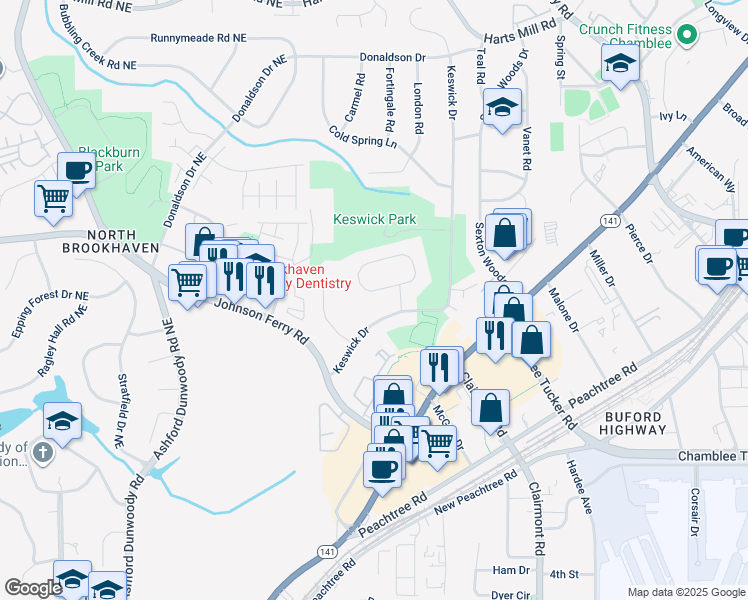 map of restaurants, bars, coffee shops, grocery stores, and more near 3470 Hildon Circle in Chamblee