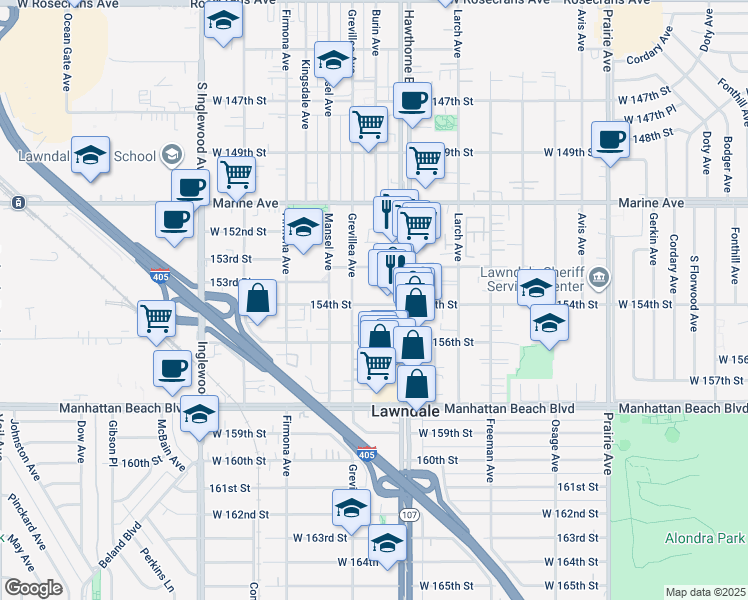 map of restaurants, bars, coffee shops, grocery stores, and more near 4431 154th Street in Lawndale
