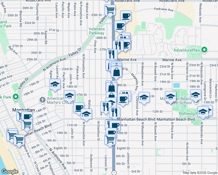 map of restaurants, bars, coffee shops, grocery stores, and more near 1728 Oak Avenue in Manhattan Beach