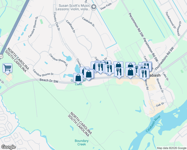 map of restaurants, bars, coffee shops, grocery stores, and more near 10170 North Carolina 179 in Calabash