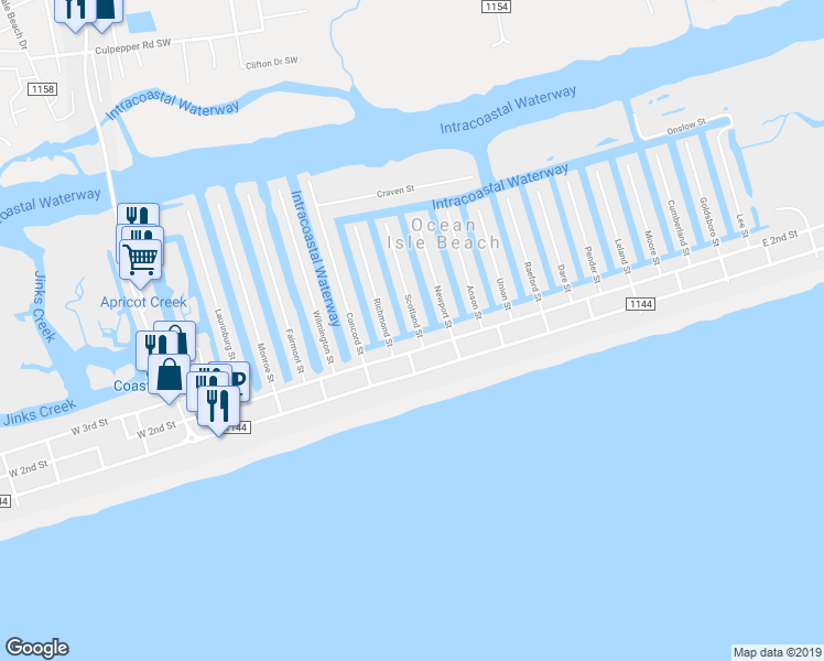 map of restaurants, bars, coffee shops, grocery stores, and more near 1 Scotland Street in Ocean Isle Beach