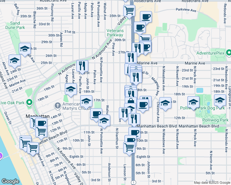 map of restaurants, bars, coffee shops, grocery stores, and more near 1728 Pine Avenue in Manhattan Beach