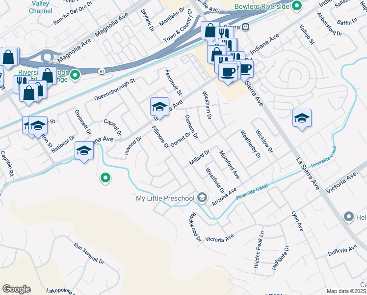 map of restaurants, bars, coffee shops, grocery stores, and more near 3245 Layton Court in Riverside