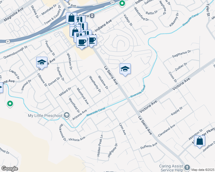 map of restaurants, bars, coffee shops, grocery stores, and more near 11147 Thames Court in Riverside