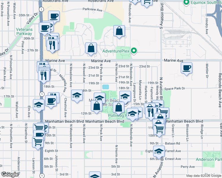 map of restaurants, bars, coffee shops, grocery stores, and more near 1541 18th Street in Manhattan Beach