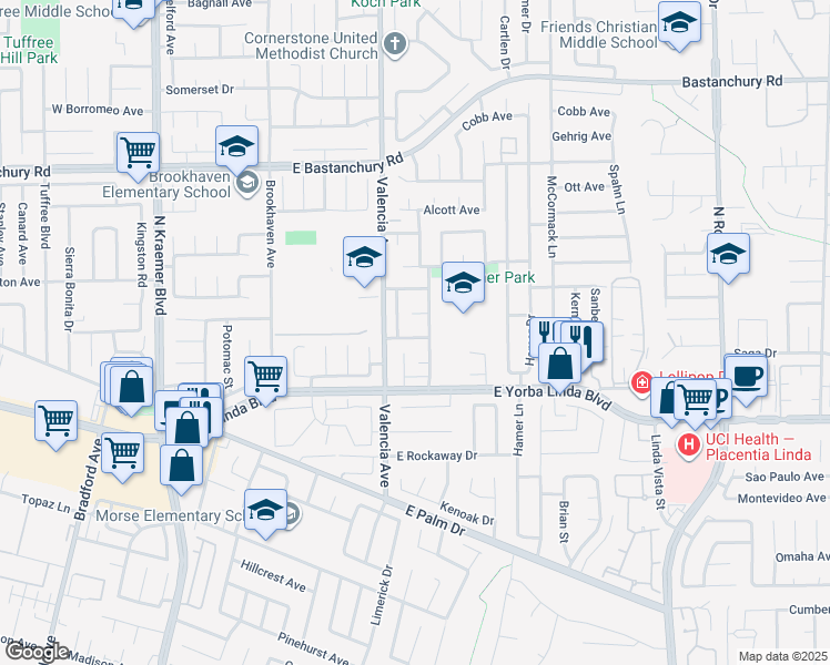 map of restaurants, bars, coffee shops, grocery stores, and more near 625 Lawn Avenue in Placentia