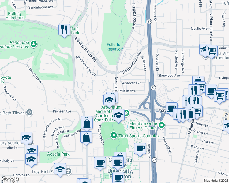 map of restaurants, bars, coffee shops, grocery stores, and more near 2040 Woodbriar Court in Fullerton