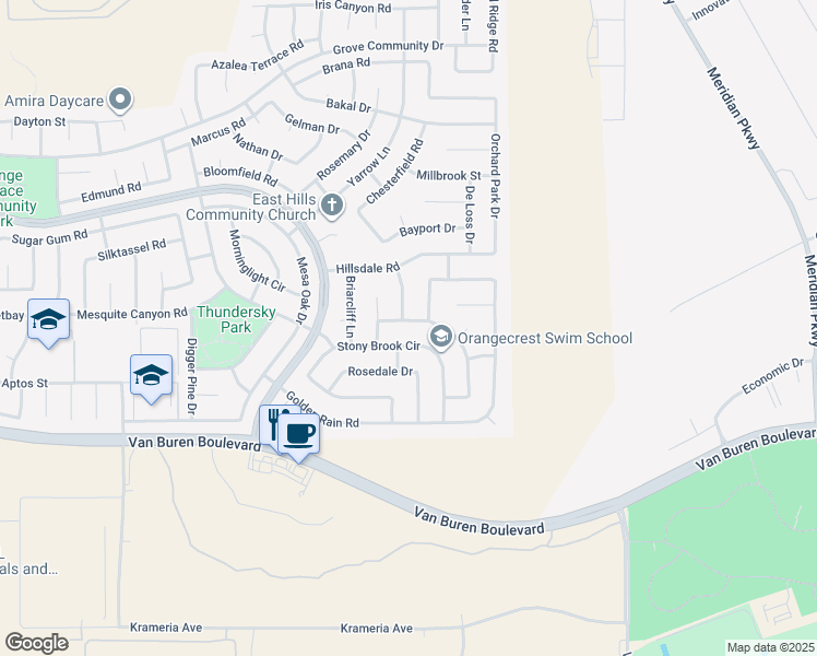 map of restaurants, bars, coffee shops, grocery stores, and more near 20779 Burlington Circle in Riverside