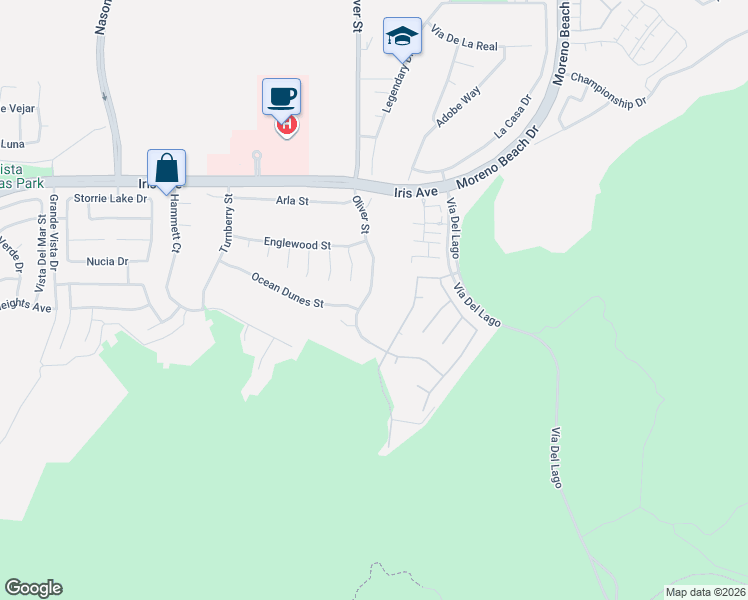 map of restaurants, bars, coffee shops, grocery stores, and more near 15790 Oliver Street in Moreno Valley