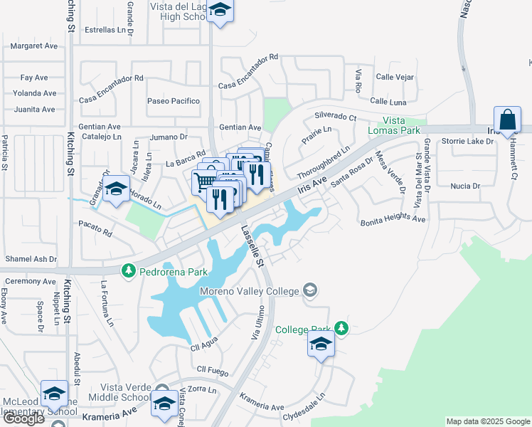 map of restaurants, bars, coffee shops, grocery stores, and more near 26049 Iris Avenue in Moreno Valley