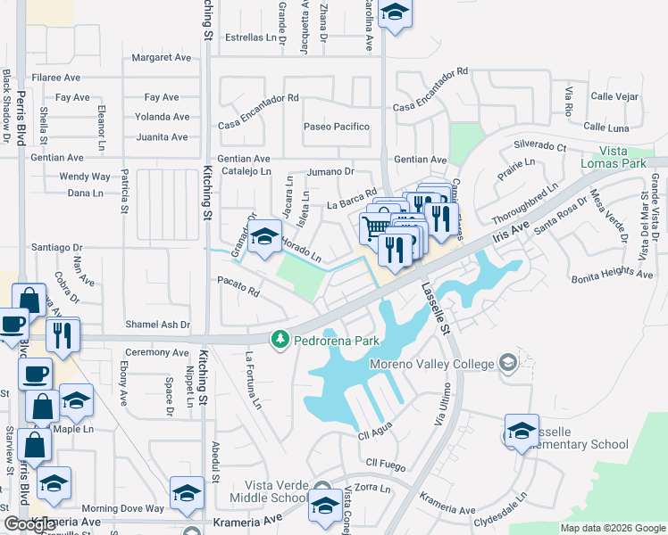 map of restaurants, bars, coffee shops, grocery stores, and more near 25846 Iris Avenue in Moreno Valley