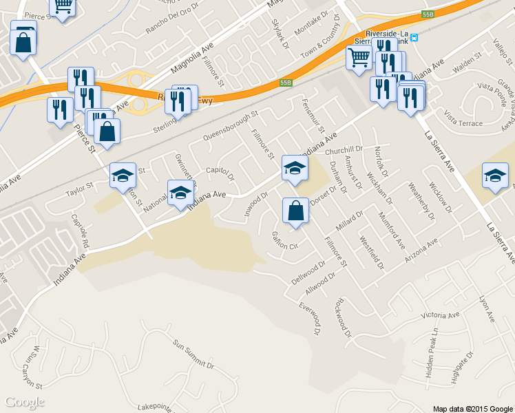 map of restaurants, bars, coffee shops, grocery stores, and more near 11615 Granmere Court in Riverside