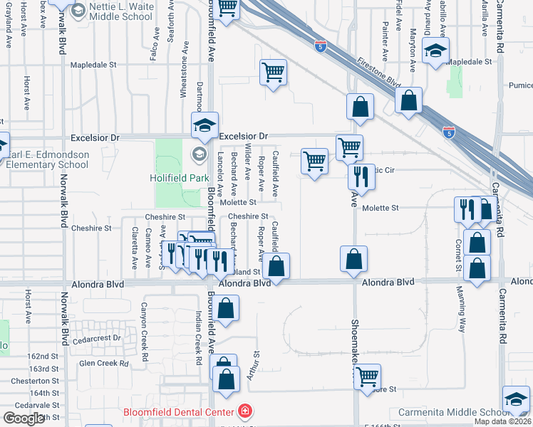 map of restaurants, bars, coffee shops, grocery stores, and more near 15419 Caulfield Avenue in Norwalk