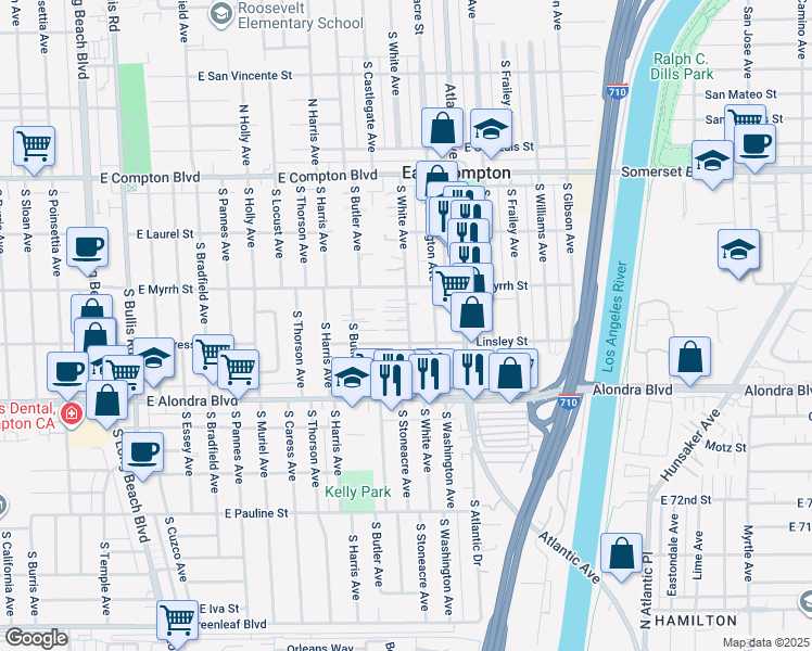 map of restaurants, bars, coffee shops, grocery stores, and more near 15613 South White Avenue in East Compton