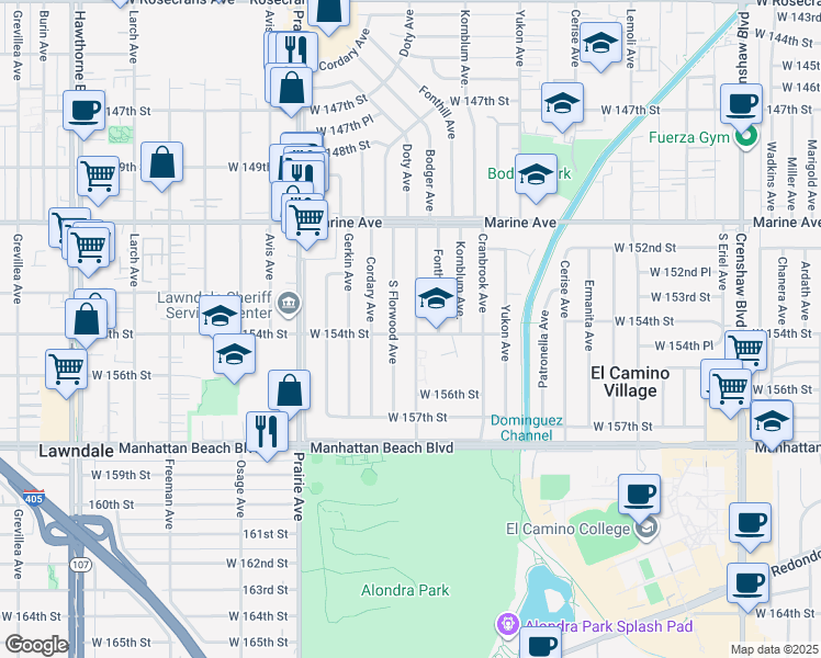 map of restaurants, bars, coffee shops, grocery stores, and more near 3801 West 154th Street in Lawndale
