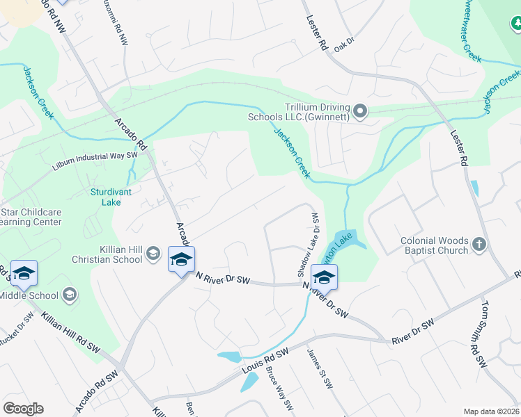 map of restaurants, bars, coffee shops, grocery stores, and more near 4064 Rivermeade Drive Southwest in Lilburn