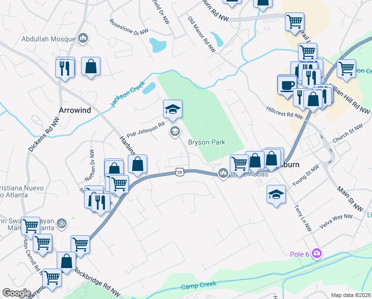 map of restaurants, bars, coffee shops, grocery stores, and more near 460 Lilburn School Road Northwest in Lilburn