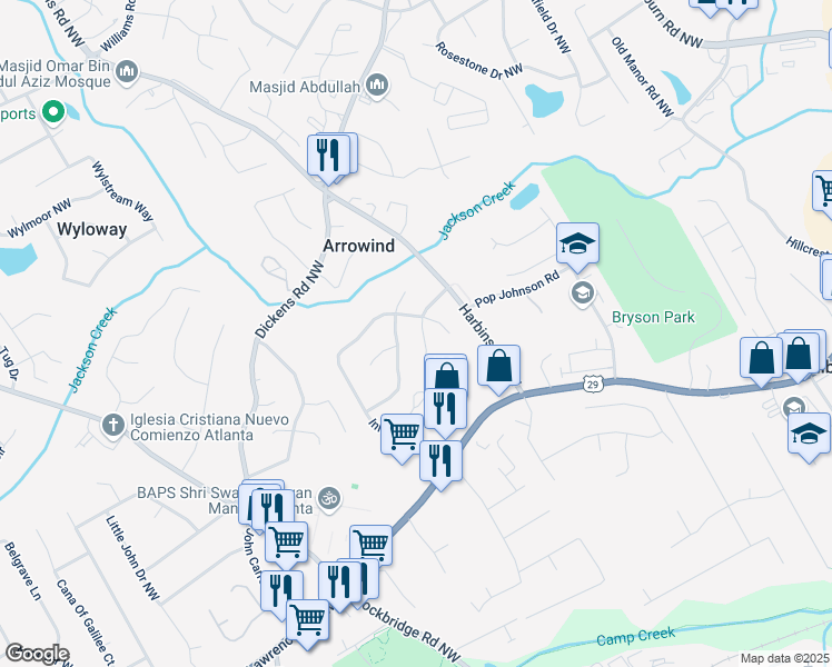 map of restaurants, bars, coffee shops, grocery stores, and more near 5307 Jay Way Northwest in Lilburn