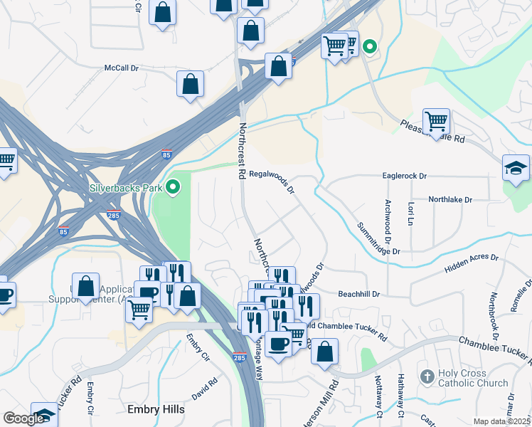 map of restaurants, bars, coffee shops, grocery stores, and more near 3456 Thornewood Drive in Atlanta
