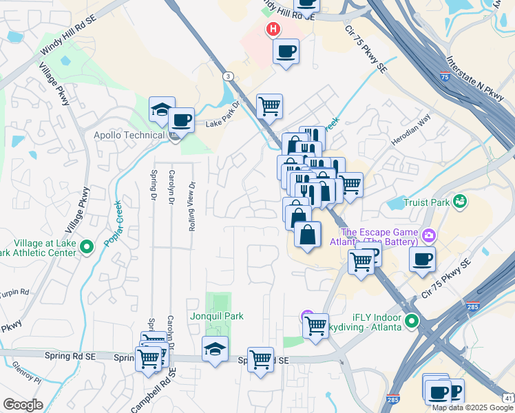 map of restaurants, bars, coffee shops, grocery stores, and more near 1304 Ridgecrest Lane Southeast in Smyrna