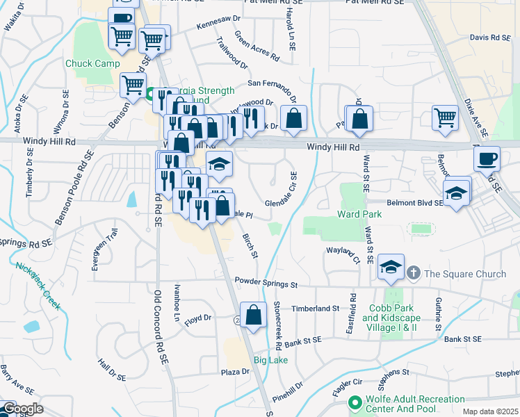 map of restaurants, bars, coffee shops, grocery stores, and more near 2488 Glendale Circle Southeast in Smyrna