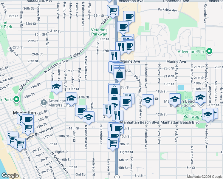 map of restaurants, bars, coffee shops, grocery stores, and more near 1728 Oak Avenue in Manhattan Beach