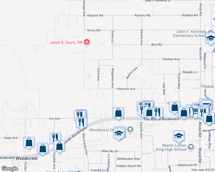 map of restaurants, bars, coffee shops, grocery stores, and more near 18200 Hibiscus Avenue in Riverside