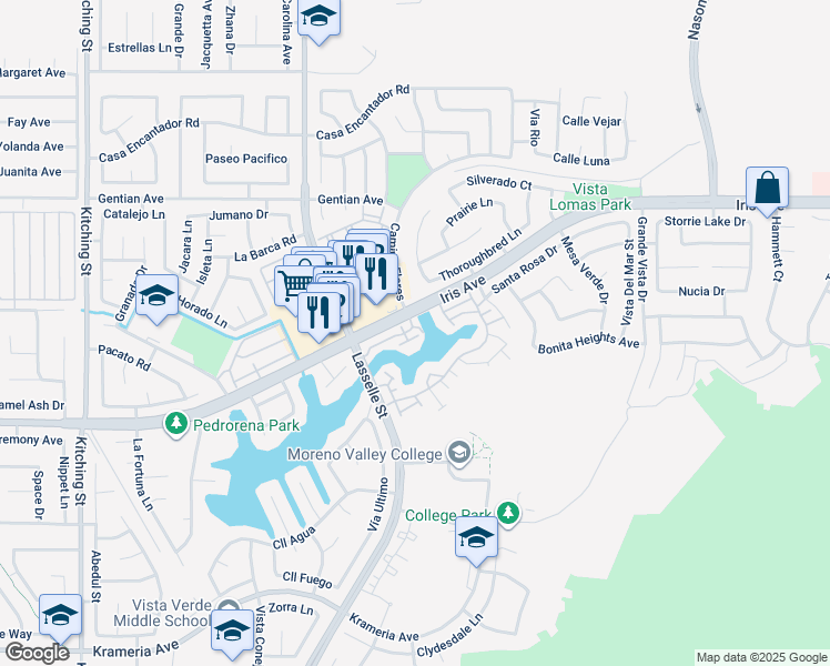 map of restaurants, bars, coffee shops, grocery stores, and more near 26081 Iris Avenue in Moreno Valley