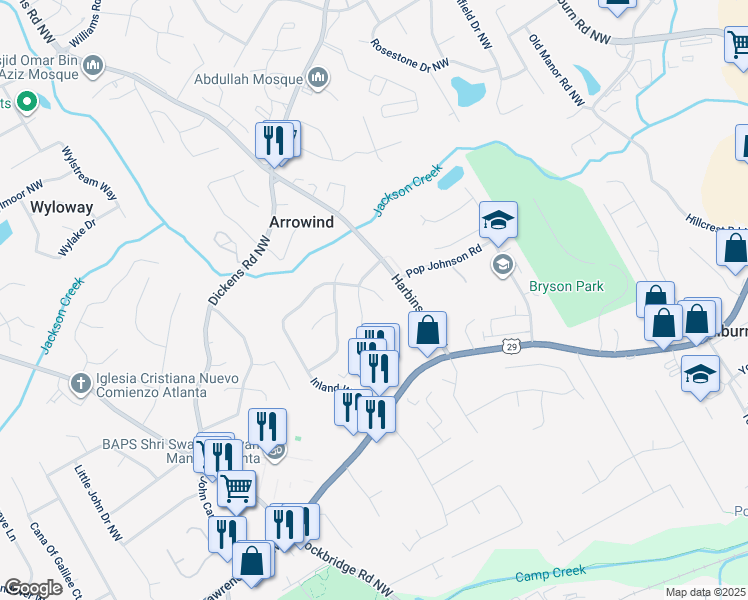 map of restaurants, bars, coffee shops, grocery stores, and more near 574 Inland Way Northwest in Lilburn