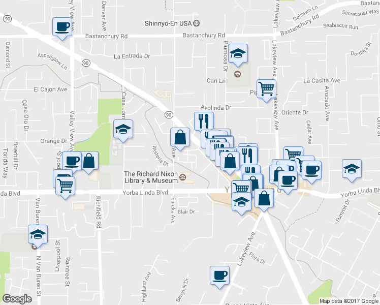 map of restaurants, bars, coffee shops, grocery stores, and more near 18066 Lemon Drive in Yorba Linda