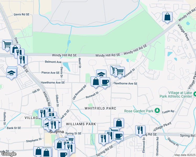 map of restaurants, bars, coffee shops, grocery stores, and more near 1595 Hawthorne Avenue Southeast in Smyrna