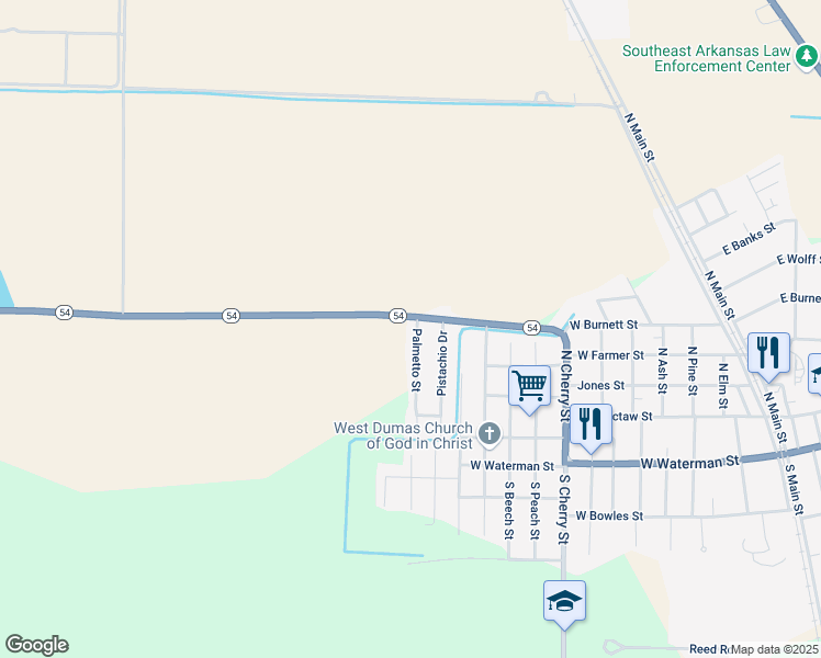 map of restaurants, bars, coffee shops, grocery stores, and more near 109 Palmetto Street in Dumas