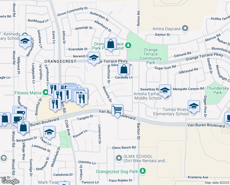 map of restaurants, bars, coffee shops, grocery stores, and more near 19901 Cuyama Lane in Riverside