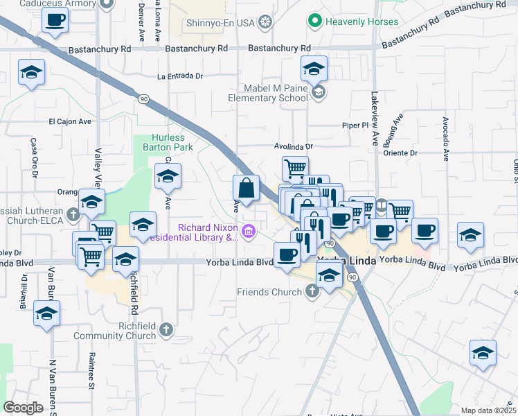 map of restaurants, bars, coffee shops, grocery stores, and more near 18066 Lemon Drive in Yorba Linda