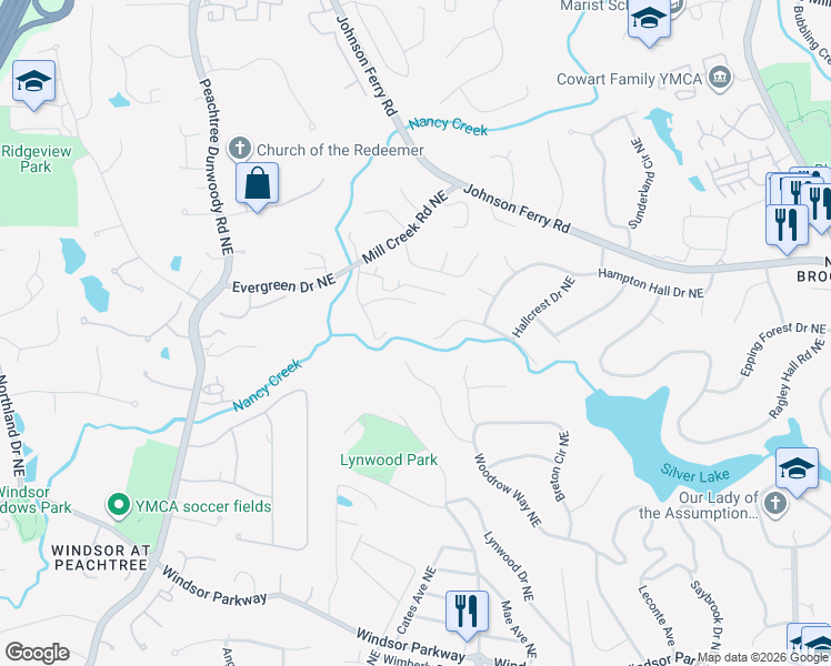 map of restaurants, bars, coffee shops, grocery stores, and more near 1088 Warrenhall Lane in Atlanta