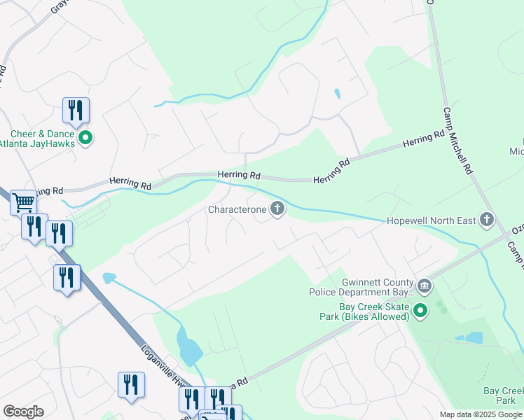 map of restaurants, bars, coffee shops, grocery stores, and more near 25 Kaktovic Court Southeast in Grayson