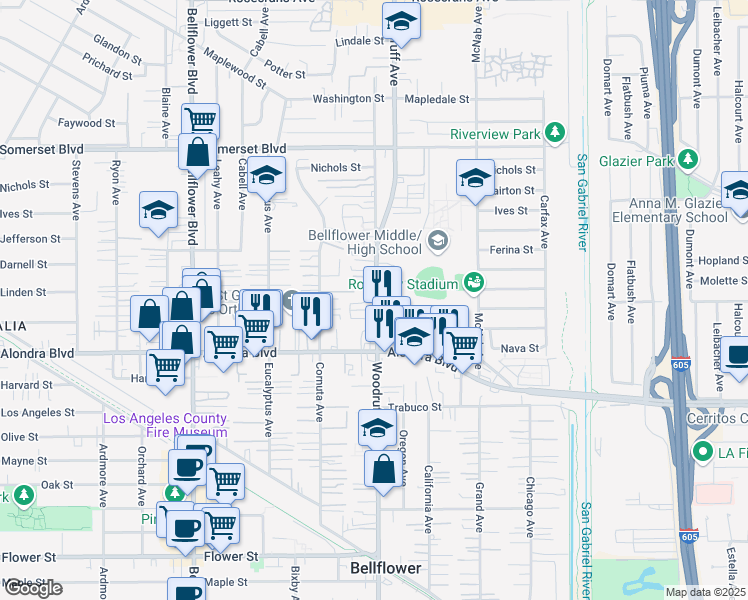 map of restaurants, bars, coffee shops, grocery stores, and more near 15717 Woodruff Avenue in Bellflower