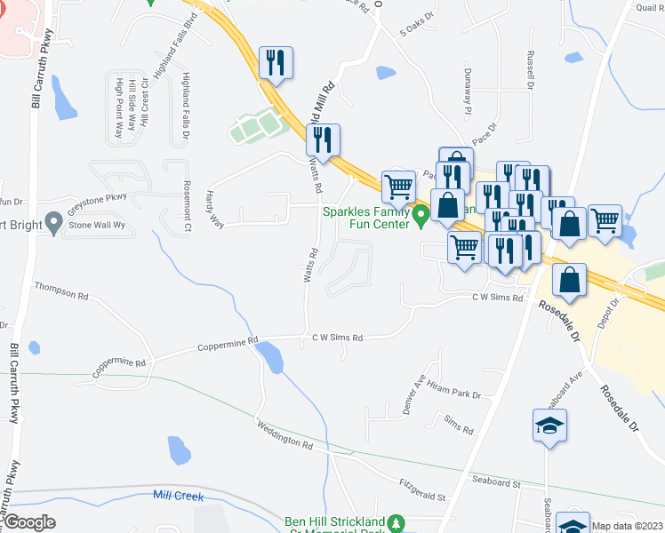 map of restaurants, bars, coffee shops, grocery stores, and more near 253 Enterprise Path in Hiram