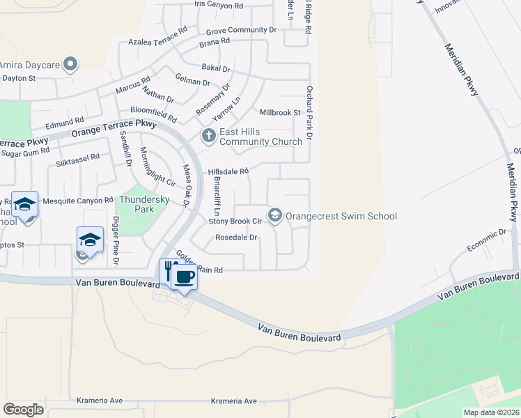map of restaurants, bars, coffee shops, grocery stores, and more near 20791 Burlington Circle in Riverside