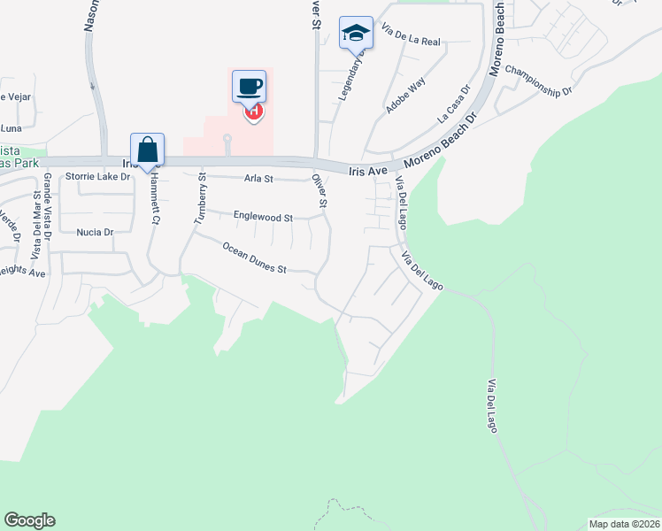 map of restaurants, bars, coffee shops, grocery stores, and more near 15780 Oliver Street in Moreno Valley
