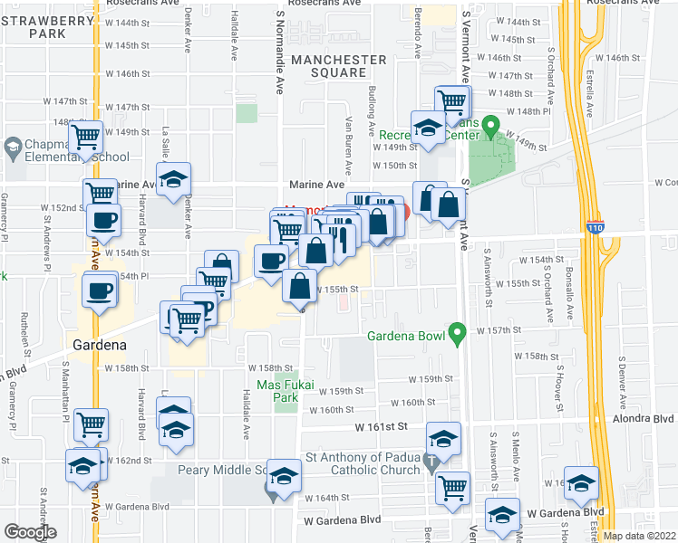 map of restaurants, bars, coffee shops, grocery stores, and more near 1300 West Redondo Beach Boulevard in Gardena