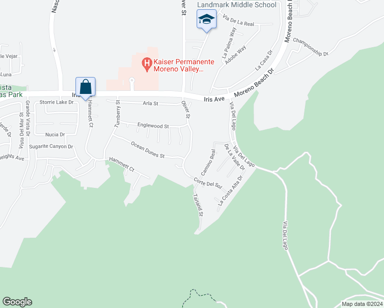 map of restaurants, bars, coffee shops, grocery stores, and more near 15780 Oliver Street in Moreno Valley