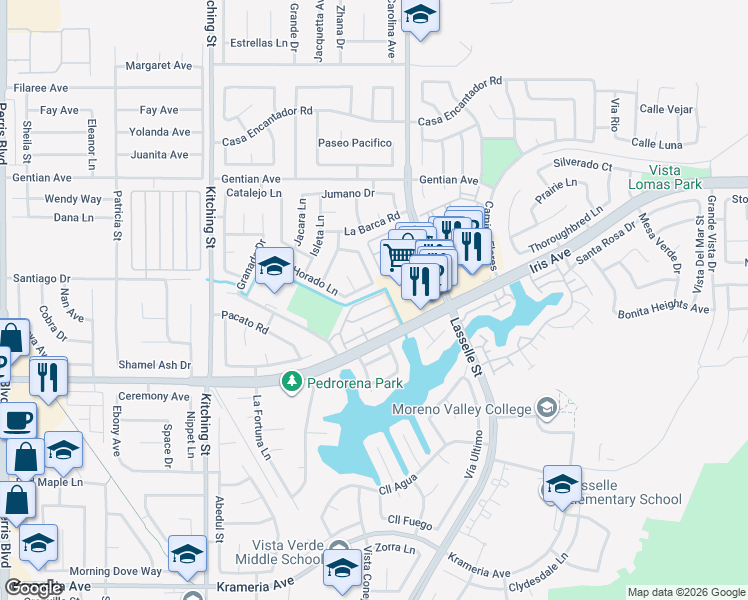 map of restaurants, bars, coffee shops, grocery stores, and more near 25894 Iris Avenue in Moreno Valley