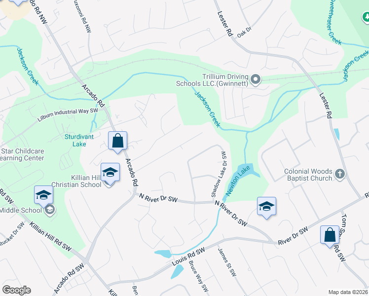 map of restaurants, bars, coffee shops, grocery stores, and more near 4064 Rivermeade Drive Southwest in Lilburn