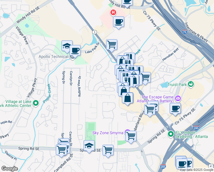 map of restaurants, bars, coffee shops, grocery stores, and more near 1304 Ridgecrest Lane Southeast in Smyrna